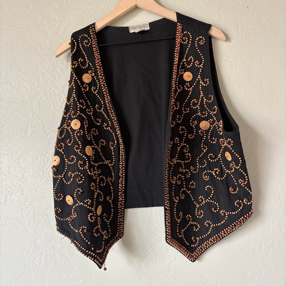 Vintage Fiber Optics Beaded Wooden Button Vest | 90s Boho Festival | L - Picture 10 of 12